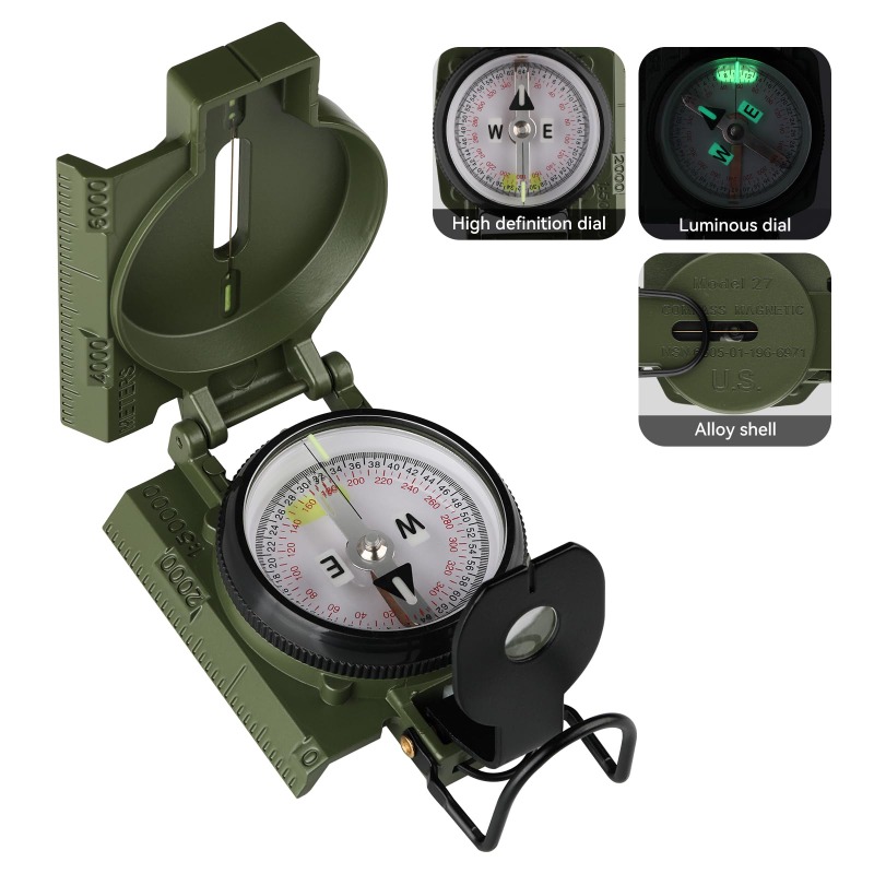 Compass Lensatic - เข็มทิศเกรดทหาร, ระบบนำทางที่แม่นยำสำหรับการเดินป่า, แคปซูลของเหลวไร้ฟองอากาศ, สารไตรเทียมและเครื่องหมายเรืองแสง, ระบบเล็งด้วยเลนส์